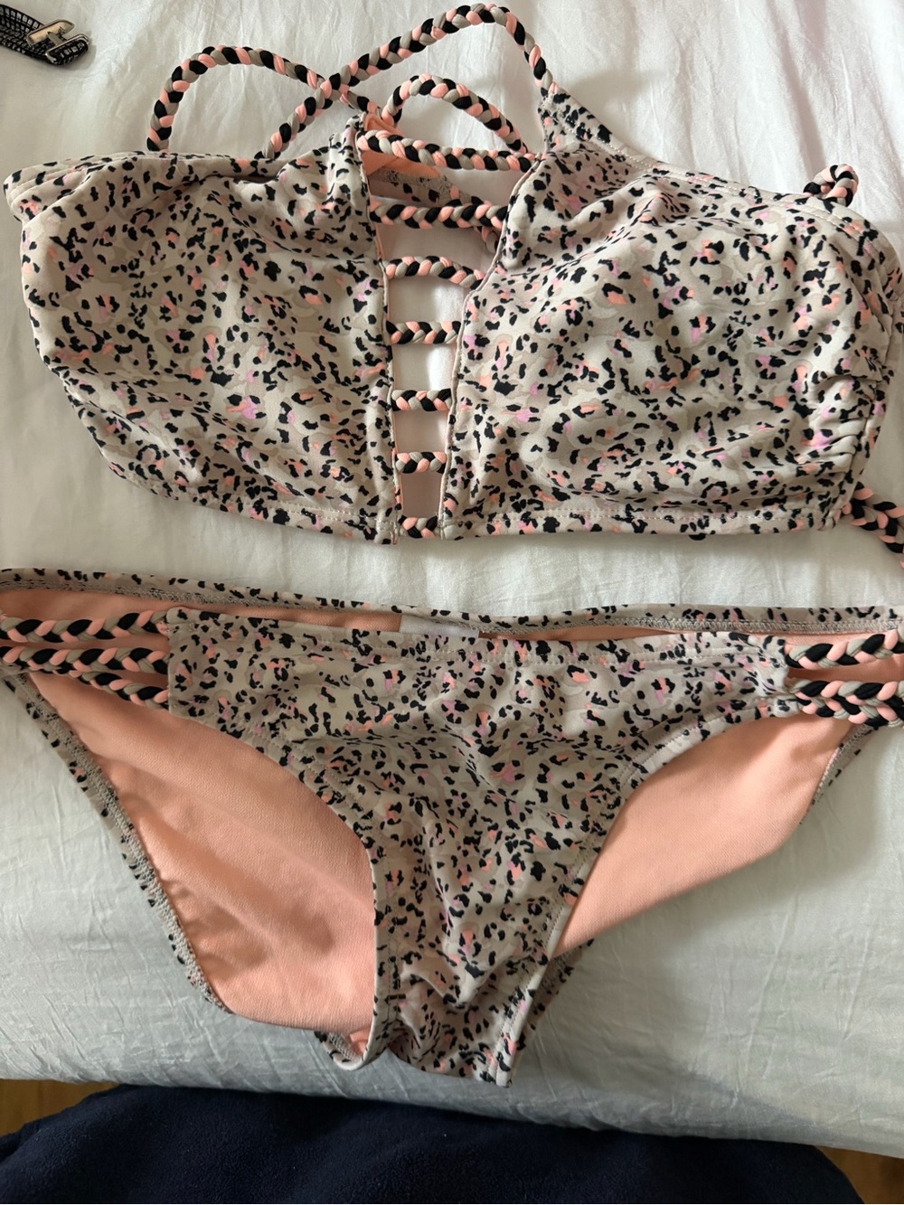 Xhilaration Beige Leopard Print Bikini with Pink Braided Straps